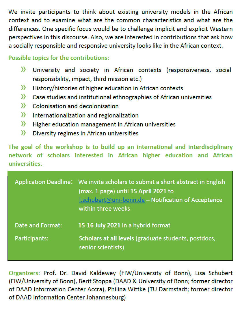 akwiho's tweet photo. Is there an African University? Check out this call for a workshop on universities in African contexts and higher education systems in Africa, co-organized by our member @unwrittencross https://t.co/Wi6WOnJXVZ