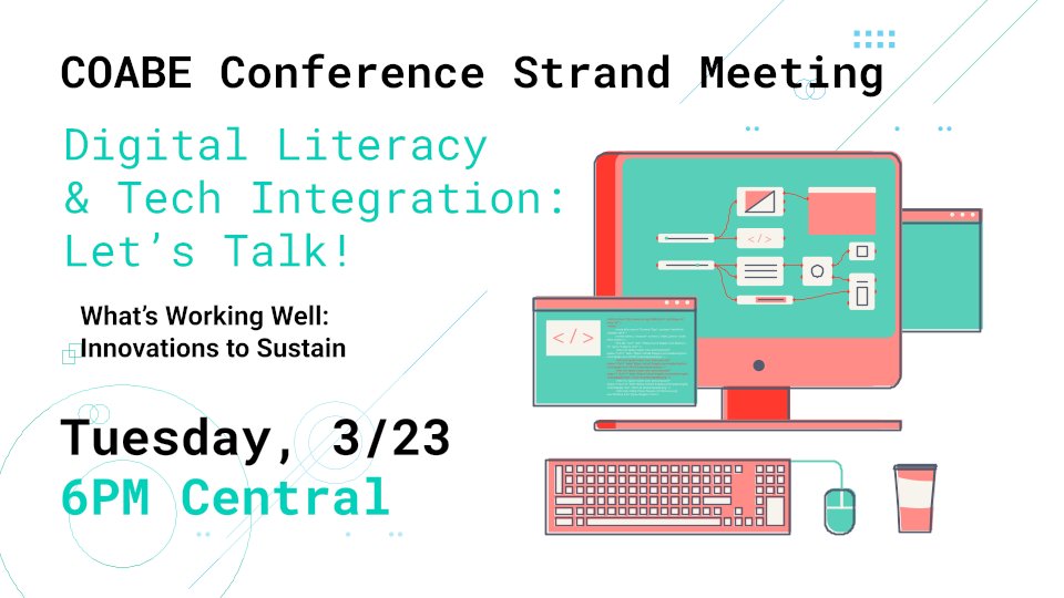The annual <a href="/COABEHQ/">COABE</a> conference is next week- I'm excited for this session (3/23) which is a peer-to-peer skill share on #remotelearning!

Join @VanekJen, <a href="/WorldEdUS/">World Education - US</a>, <a href="/literacy_mn/">Literacy Minnesota</a>, and <a href="/thelacnyc/">Literacy Assistance Center</a> for breakout rooms where we all share a distance/blended learning strategy. #AdultEdu