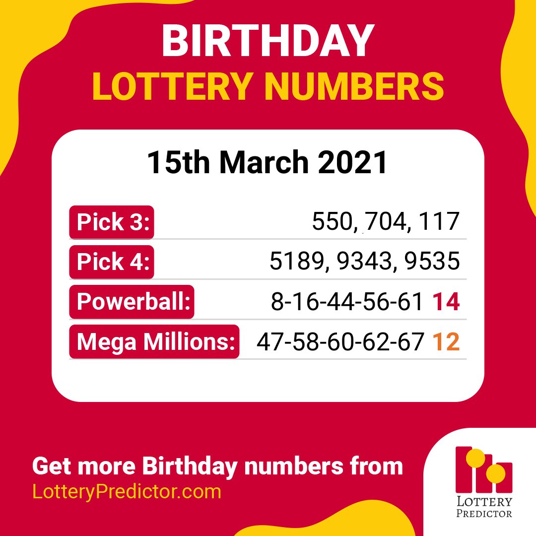 Birthday lottery numbers for Monday, 15th March 2021

#lottery #powerball #megamillions https://t.co/1nVY2U5SaX