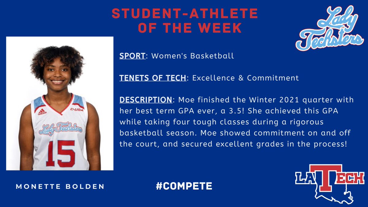 🚨Introducing🚨
The LA Tech Academics Student-Athlete of the Week ‼️

Each week, we will celebrate a student-athlete based on their demonstration of 2 or more Tenets of Tech.

Our FIRST EVER Student-Athlete of the Week is Monette Bolden of <a href="/LATechWBB/">Lady Techsters</a>! Way to #COMPETE, Moe! 📕✅🏀