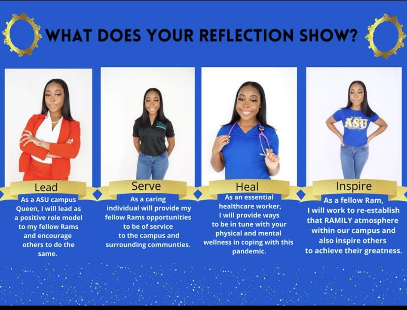 curlyynesh's tweet image. Attention Senior RAMS! What does your reflection show? Let’s, Lead, Serve, Heal, and Inspire.....TOGETHER!💛 @ImaniGreen19 
#albany_rys21
#reflecttogether
#ASUTWITTER