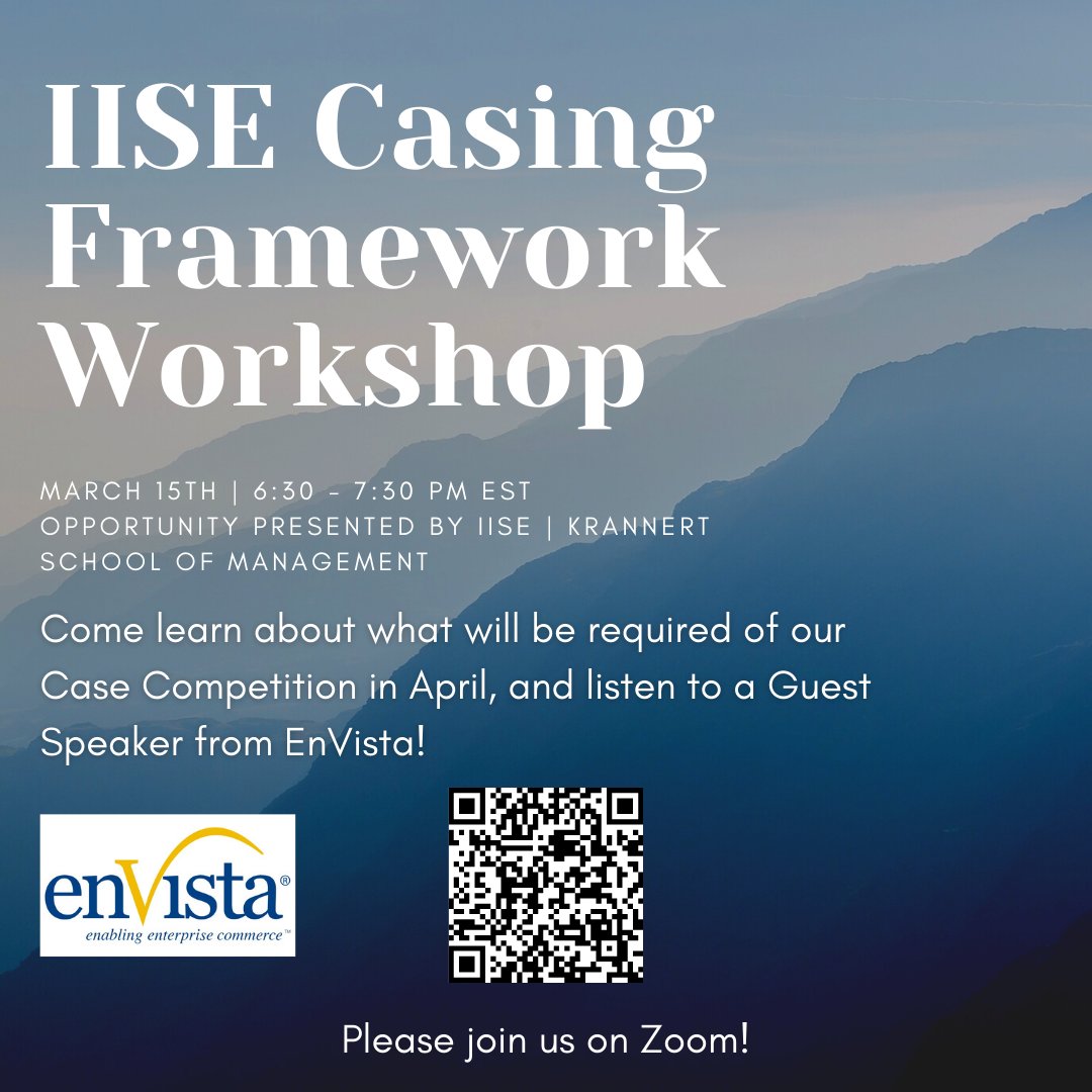 RSVP for today's IISE Casing Framework Workshop! The purpose of this workshop is to introduce Purdue students to the consulting profession as well as improve students’ case interview skills, a fundamental part of the recruitment process for most consulting firms!