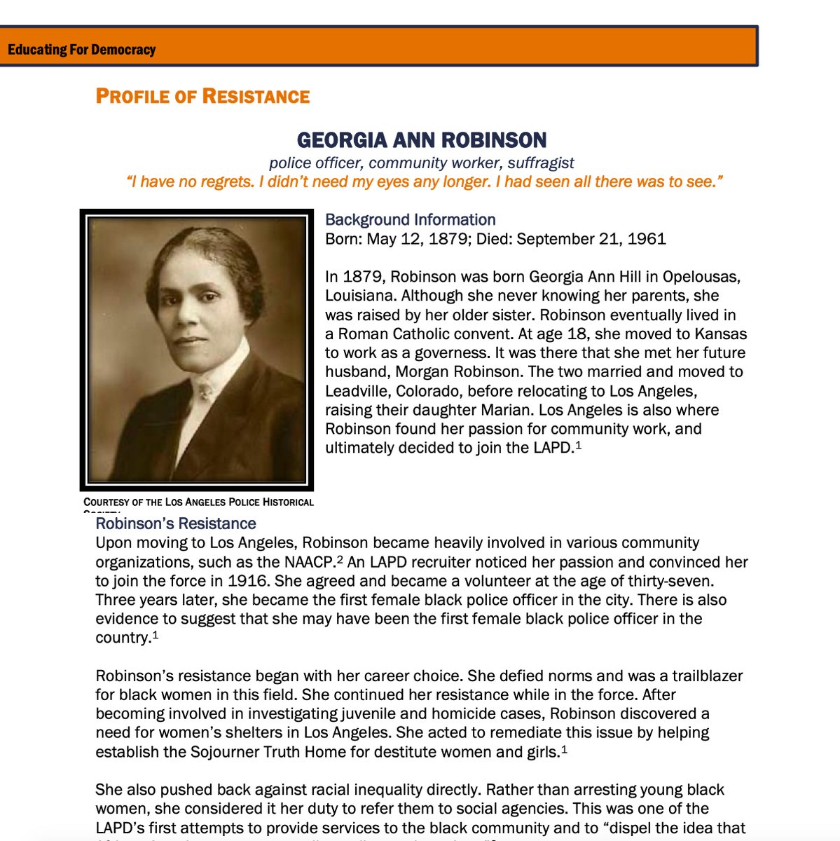Youth_Nex's tweet image. For #WomensHistoryMonth are highlighting middle &amp;amp; high school profiles of resistance from #EducatingforDemocracy! Learn about Georgia Ann Robinson, a police officer, community worker, &amp;amp; suffragist, who was the first Black female police officer —&amp;gt; …ngfordemocracy.education.virginia.edu/sites/educatin…