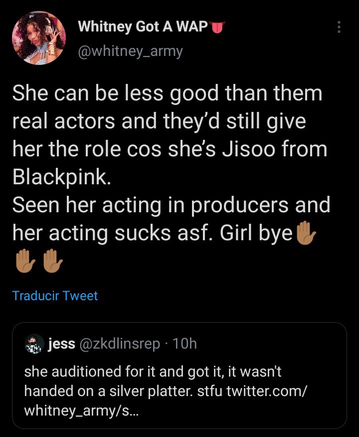 OT4_Police's tweet photo. 🚨 URGENT! 🚨

REPORT❕
➡️@.whitney_army
https://t.co/JKcZog0XLN

They’re hating and belittling JISOO.

🗣JISOO got the role bc she’s an amazing actress. You not liking her doesn’t mean she sucks...

REPORT AS❕
➡️Disrespectful/Offensive
➡️Targetted Harassment

Receipts⬇️ https://t.co/641SMEeTAc