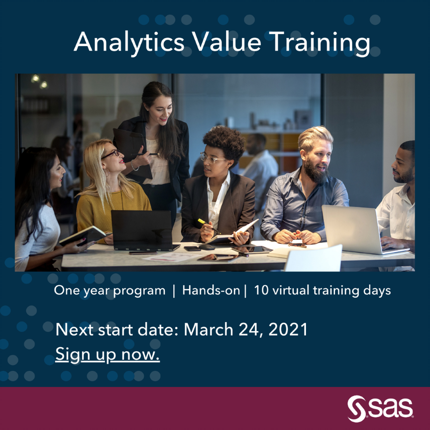 SASsoftwareUKI's tweet photo. Want to become a data #analyticsprofessional? Learn from industry thought leaders and work on real case studies. The #AnalyticsValueTraining is technology independent. Next start date: March 24, 2021. Sign up and reserve your seat. https://t.co/8AGNpFyjYK https://t.co/R4vhANSVCv