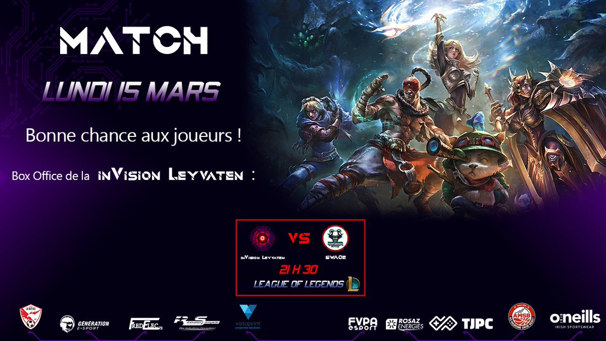💥 PROGRAMME LOL 💥

Ce soir, notre équipe  <a href="/InvLeyvaten/">inVision Leyvaten</a>  sur #LeagueOfLegends  joue son deuxième match de ligue en format Best of 3, face à l'équipe SWACE sur  <a href="/BadgerRash/">Structure Rash Badger E-sports</a>.

Bonne chance pour ce deuxième match à nos joueurs.