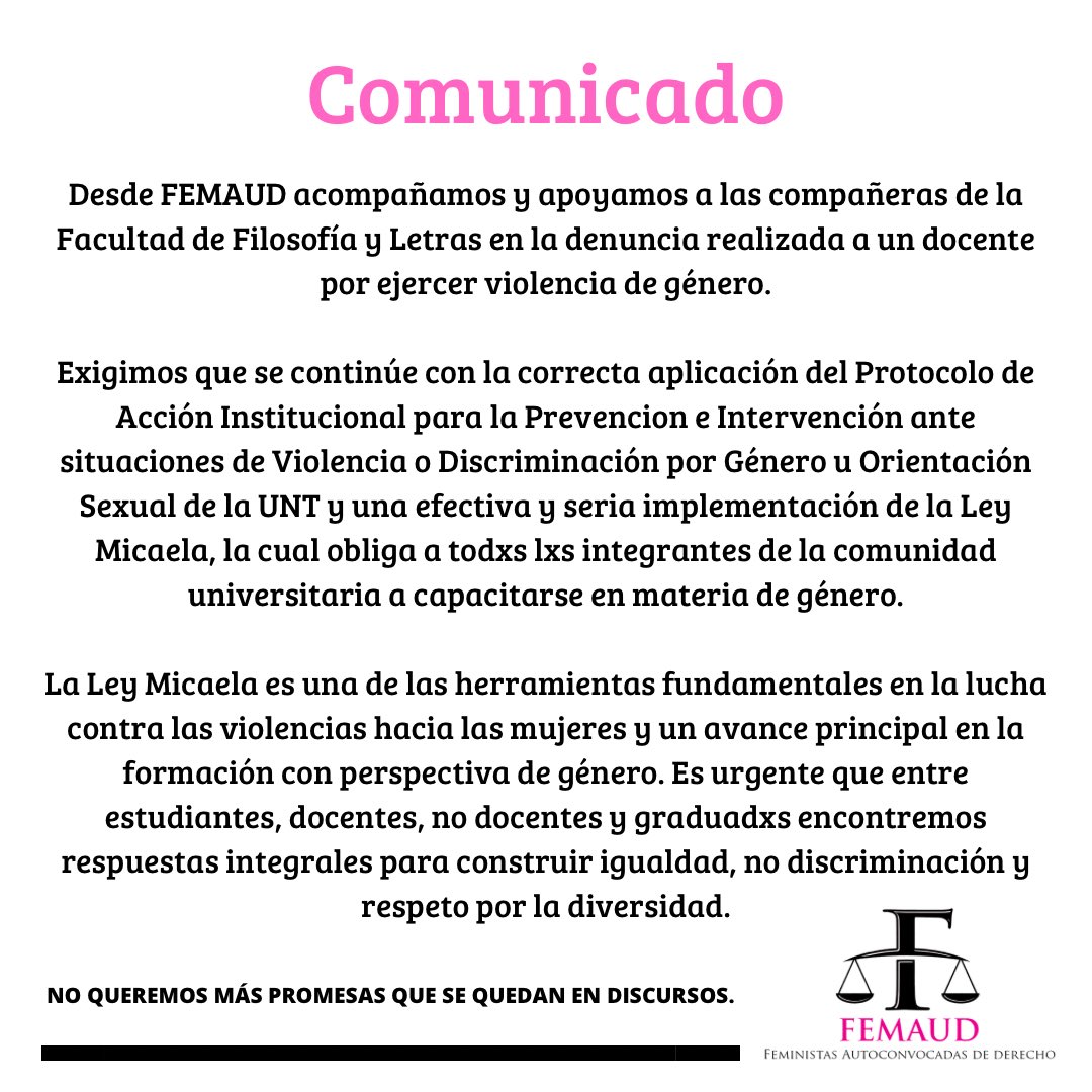 Femaud_unt's tweet photo. No queremos más promesas que se quedan en discursos.

#UNTLibreDeAcoso https://t.co/IoEMims3XX