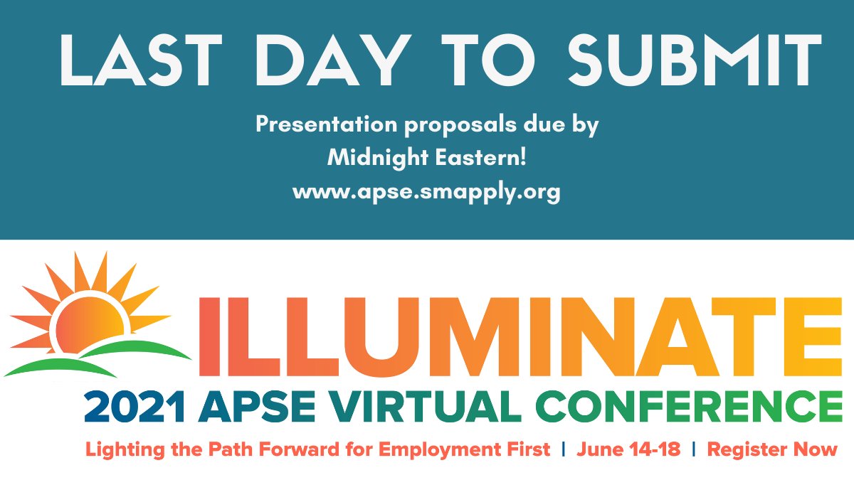 Today's the day! Make sure your #2021APSE Virtual Conference Presentation proposal is submitted!
Find more at apse.org/virtual-confer… and submit today. 

#APSE #EmploymentFirst #VirtualConference #RealWorkRealPay #PresenterOpportunity