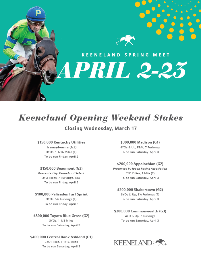 Chip_McGaughey's tweet photo. Keeneland Horsemen - please be aware that nominations for @Keeneland's opening weekend stakes close this Wednesday, March 17th. 

Call (859) 288 4286 to nominate today https://t.co/FDskbeI6be