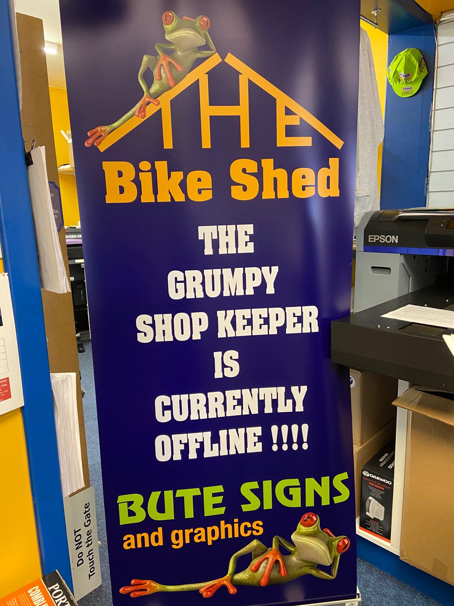 Thebikeshedbute's tweet photo. So to give us a little more privacy in the workshop we have been using an old pop up banner to block the view. Today we added a new print and it’s very relevant to us 😜 what do you think. 

#teambikeshed
#supportlocal
#open7daysforyou
#teambutesigns https://t.co/Ajc5ts1oFQ