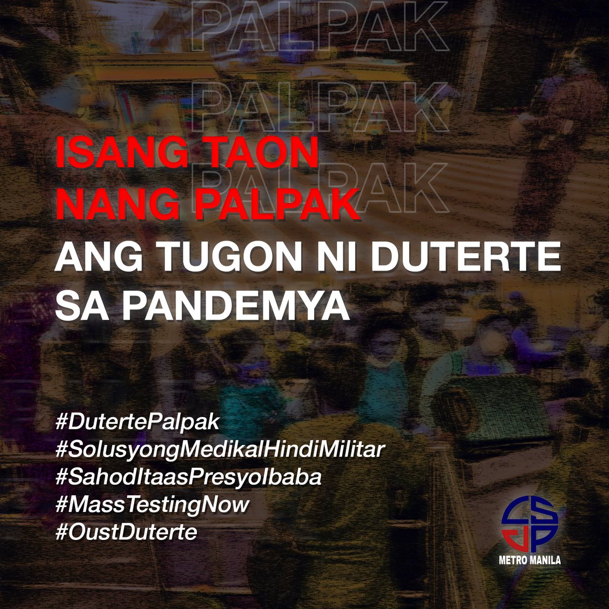 OPISYAL NA PAHAYAG NG CONCERNED STUDENTS FOR JUSTICE AND PEACE - METRO MANILA UKOL SA ISANG TAONG KAPALPAKAN NG ADMINISTRASYONG DUTERTE SA PAGSUGPO NG PANDEMYA

BASAHIN: facebook.com/csjpmetromanil…

#MassTestingNowPH
#SolusyongMedikalHindiMilitar
#OustDuterteNOW