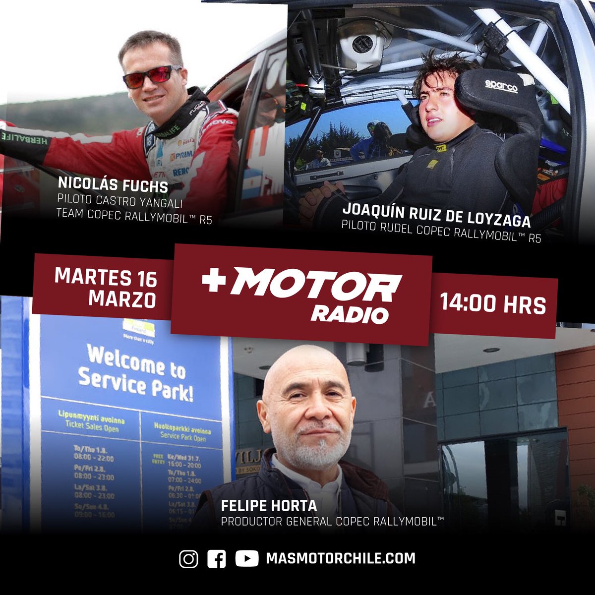 En Más Motor Radio tendremos toda la info del Copec RallyMobil™

Invitados:
Nicolás Fuchs (piloto R5) 
Felipe Horta (Prod. Gral. Copec RallyMobil™)
Joaquín Ruiz de Loyzaga (piloto R5)

#copec #rallymobil #masmotorchile #rallyperu <a href="/fuchsrally/">Nicolás Fuchs</a> @castro_yangali <a href="/RudelRacing/">Rudel Racing</a>