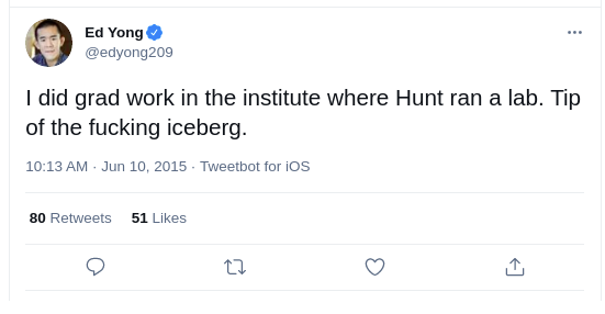 tlitb's tweet photo. What got me about Brianna Wu reminded me of this Ed Yong contribution when #TimHunt cancel fest got going, absolutely no "fucking iceberg" ever appeared but he loved being part of the wave of shit that helped remove a Nobel prize winning cancer scientist from polite society. Cunt https://t.co/XX2fRclU3l