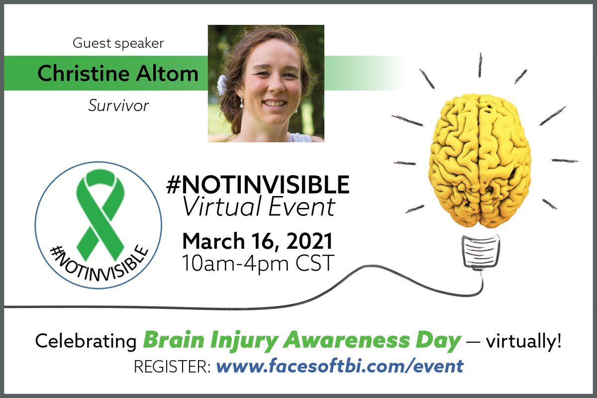 BeaconofHopeTBI's tweet photo. TOMORROW we celebrate Brain Injury Awareness Day with the #NOTINVISIBLE Virtual Event! Please register and listen in. I speak at 12:55 EST and will share with you 7 ways to take control of your recovery and be your own advocate. Don't miss it! @amyzellmer #BrainInjuryAwareness https://t.co/x0HIPFsGt8