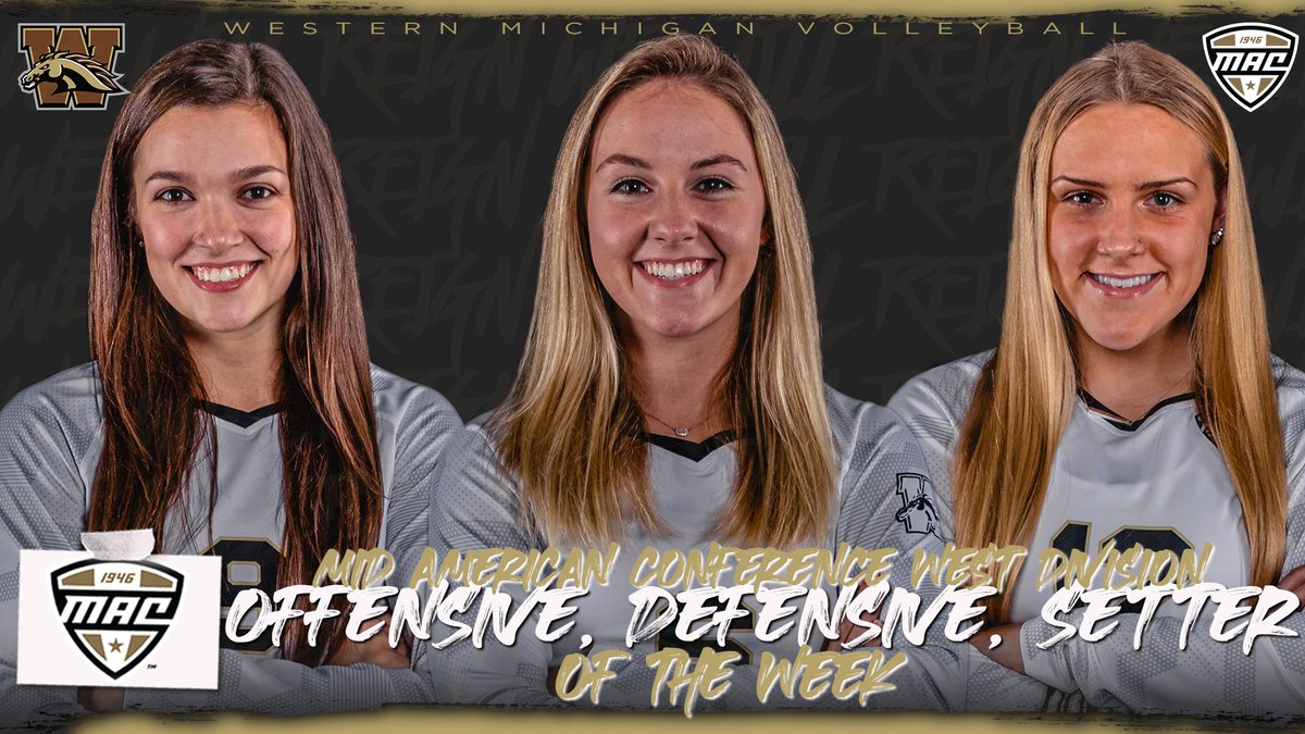 WMUVolleyball's tweet photo. 𝘽𝙖𝙘𝙠-𝙩𝙤-𝘽𝙖𝙘𝙠 🧹's of MAC West Weekly Awards. #WeWillReign 

For the second straight week
🏐 @bontragerachel  - Offensive POTW
🏐 @kaleybsmith  - Defensive POTW
🏐 @LogCase12  - Setter of the Week

📰 | https://t.co/bwBP6BhY2i https://t.co/v4UF5KZGyG