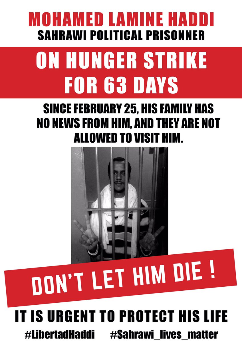 The life of Sahrawi journalist and political prisoner Mohamed Lamine Haddi is at risk.On hunger strike for 63 days, his family is not allowed to visit him and we have no news from him since February 25. #LibertadHaddi #sahrawi_lives_matter #western_sahara <a href="/francediplo/">France Diplomatie 🇫🇷🇪🇺</a>
<a href="/NDeRiviere/">Nicolas de Rivière</a>