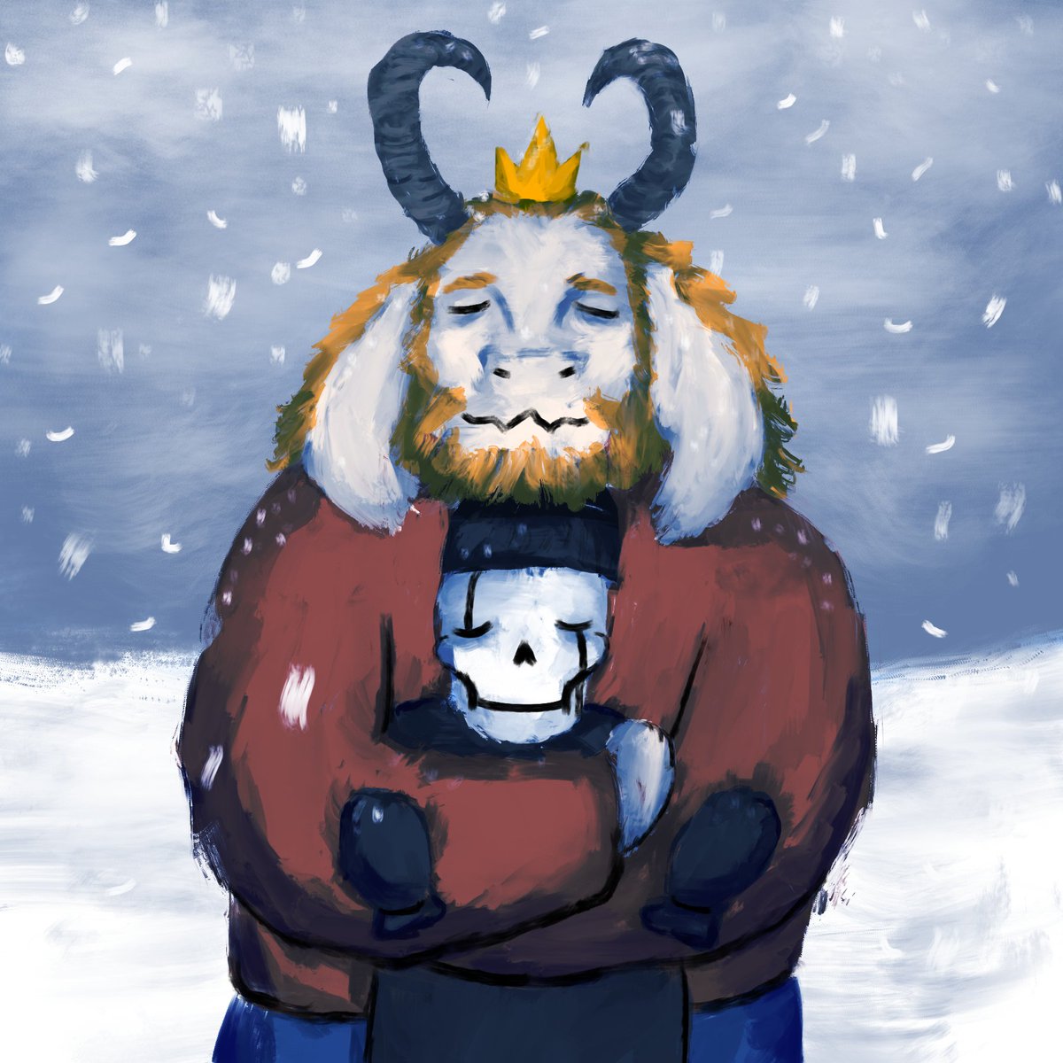 WillowVivienne's tweet photo. skipped a few days but here's another #kingdingsweek drawing of these two, decided to combine the prompts for Cold and Love! 
#kingdings #undertale https://t.co/OafxoUESTx
