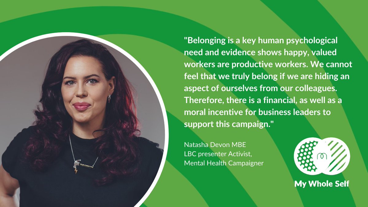MHFAEngland's tweet photo. "This #MyWholeSelf Day, my challenge is for us to all think about what we say (and write on social media) and who might potentially be in our audience." LBC presenter, writer and #MentalHealth activist @_NatashaDevon https://t.co/26pr802t8n https://t.co/w2ETf6xTHw