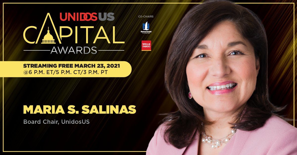 WeAreUnidosUS's tweet image. We’re counting down the days to our 2021 Capital Awards! We’ll be joined by @erika_news, Reverend Luis Cortés Jr., @salinas_ms and @JMurguia_Unidos, who will be sharing her president’s message. Register today!: capitalawards.unidosus.org #CapAwards21