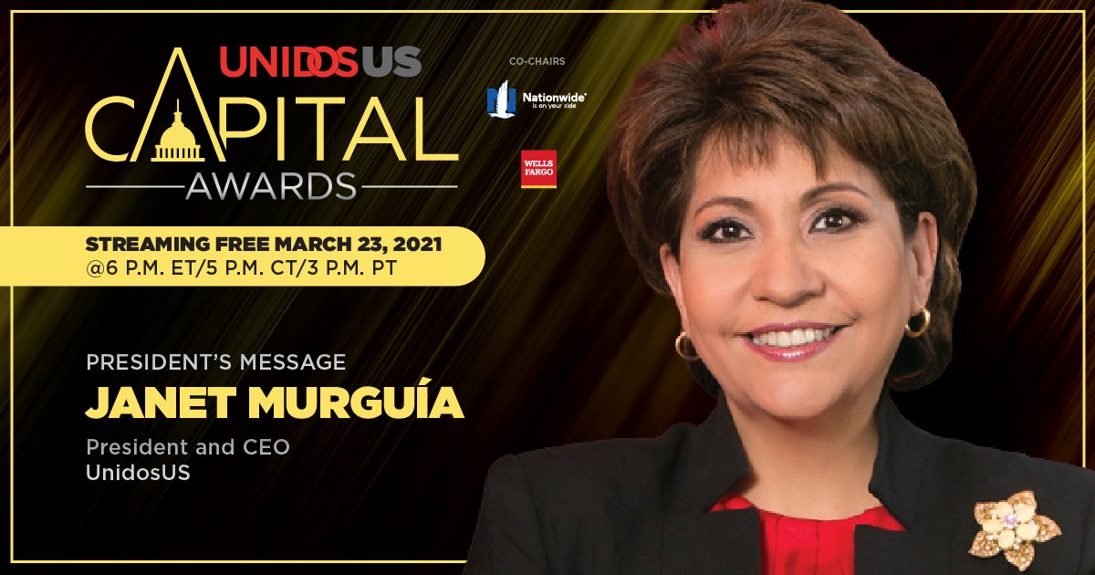 WeAreUnidosUS's tweet image. We’re counting down the days to our 2021 Capital Awards! We’ll be joined by @erika_news, Reverend Luis Cortés Jr., @salinas_ms and @JMurguia_Unidos, who will be sharing her president’s message. Register today!: capitalawards.unidosus.org #CapAwards21