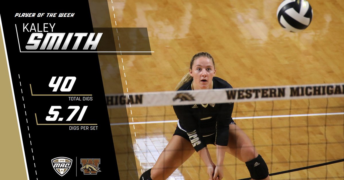 MACSports's tweet photo. Kaley Smith guided the Broncos this past weekend to four and three set victories at Akron over the weekend with 40 digs, averaging 5.71 digs per set. The senior libero/defensive specialist also had eight assists on the weekend. 

@WMUVolleyball | #MACtion https://t.co/jbfj44rDAz