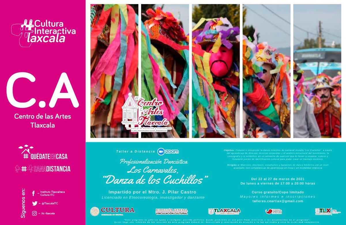 CulturaTlaxcala's tweet photo. 🎭 Taller: Los Carnavales “𝙳𝚊𝚗𝚣𝚊 𝚍𝚎 𝚕𝚘𝚜 𝙲𝚞𝚌𝚑𝚒𝚕𝚕𝚘𝚜”. 

Imparte: Mtro. J. Pilar Castro.

📆 Del 22 al 27 de marzo. 
💃🏻 Dirigido a: Maestros, directores, estudiantes y bailarines de danza folclórica.
💻 talleres.ceartlax@gmail.com

¡Inscríbete, aún estás a tiempo! https://t.co/ABIqNmbpRx