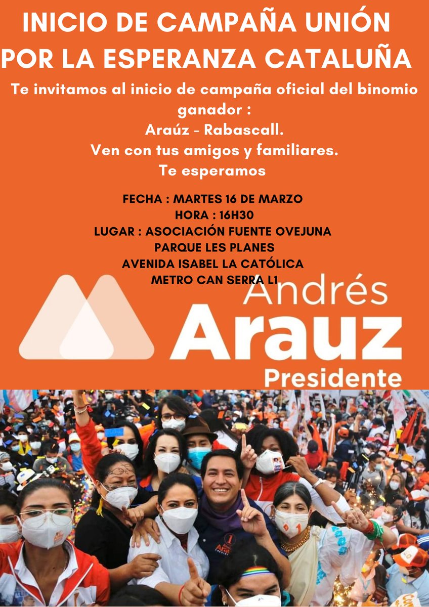 SomosRCcat's tweet photo. Barcelona Unidos por la Esperanza, invitamos al inicio de campaña #ArauzRabascall #MigrantesConArauz  @UNES_Europa  @rceuropea @GustavoMateusA @MashiRafael @CivilSiempre @ecuarauz @rabascallcarlos  @livia_consuelo @JuanPealoza3  @TuiterosRcUNO @TsomosUNO https://t.co/s2pHMb4Qf2