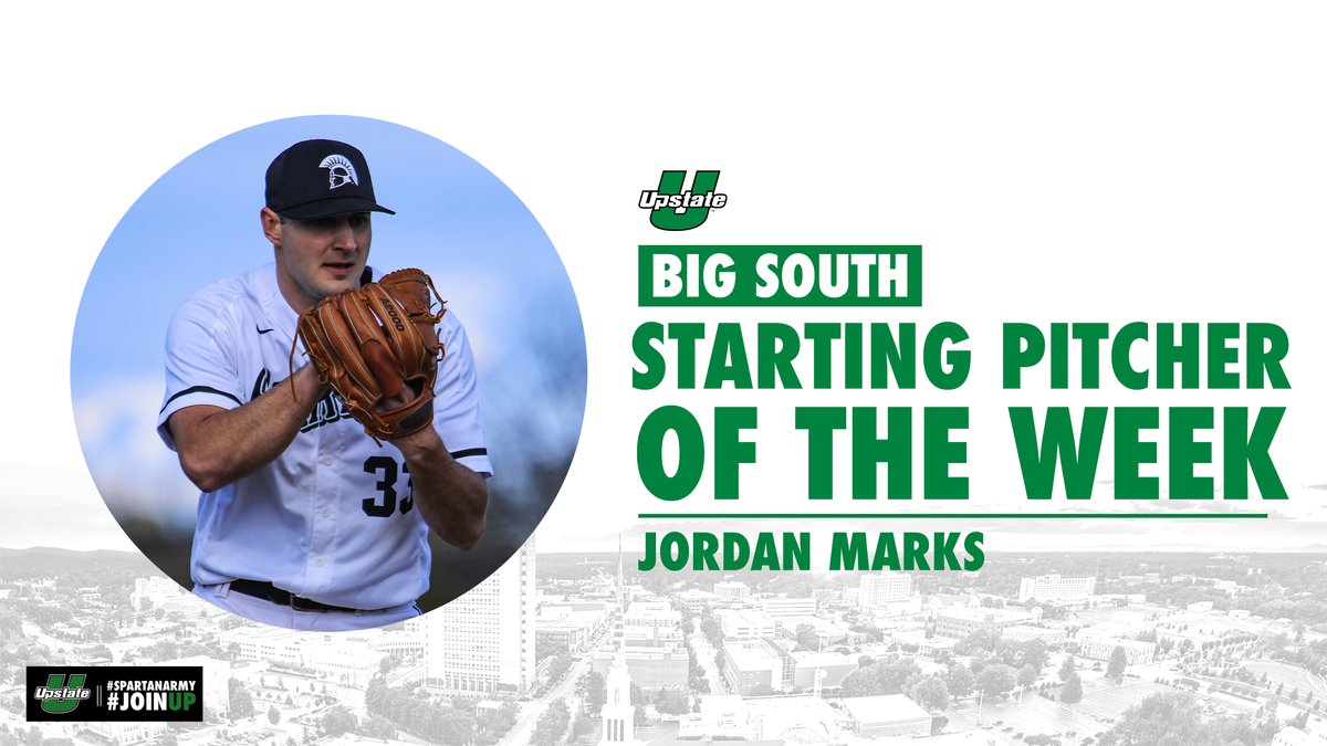UpstateBSB's tweet photo. Tossing 7.0 scoreless innings with a tied career-high 🔟 punch outs gets you Starting Pitcher of the Week honors👏

That's the second weekly honor for @JMarksXXII this year.

🔗: https://t.co/qnLNSWvhmY

#SpartanArmy ⚾️ #JoinUP https://t.co/R9U2jcgDva