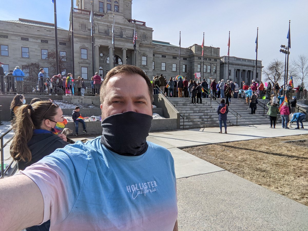 Showed up at the #RainbowRally at the MT State Capitol today to add my voice opposing discriminatory bills like SB215 and the anti-trans SB280. There was a good lunchtime crowd, but the split levels of the protest location make photographing the whole crowd at once difficult.