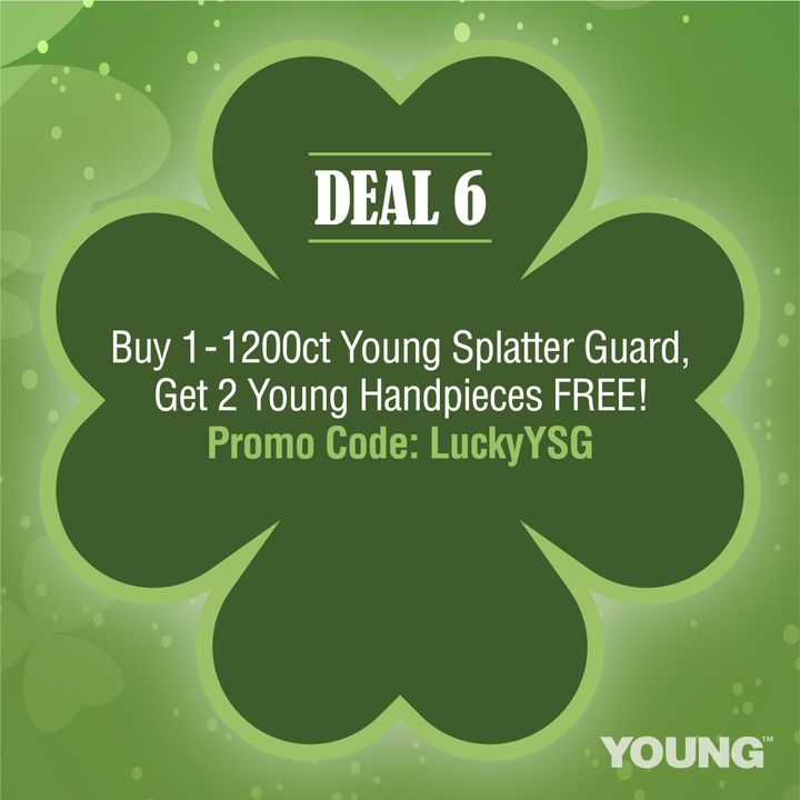 It's Day 6 of our #7LuckyDentalDeals 🍀 Buy 1-1200ct Box of Young Splatter Guard, Get 2 Young Hygiene Handpieces FREE! 👋 
.
.
Offer(s) valid in the USA only 3/8/21 - 3/16/21. Must use promo code LuckyYSG to redeem.