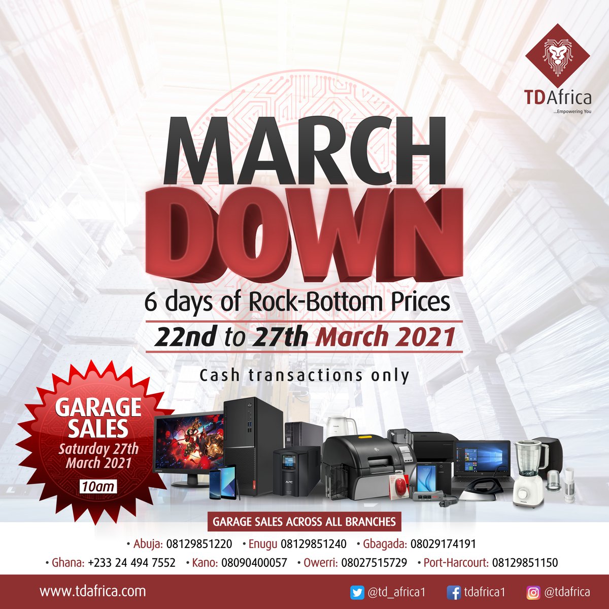 Td_africa1's tweet photo. It's 7 days to '6 days of Unmatched Prices'.
Count down to #MarchDown starting on 22nd March 2021, and ending with Big Bang Garage Sales across all locations on Saturday, 27th March 2021. https://t.co/h3Gib1HeCI