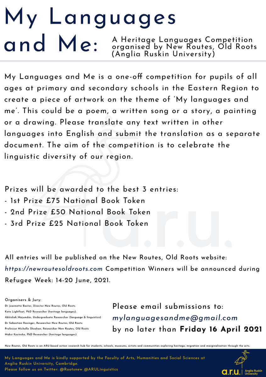 ARULinguistics's tweet photo. Calling all teachers in the East of England! Please encourage your pupils to take part in My Languages and Me, a competition celebrating #multilingualism. We have posters in many languages spoken in the region! Please contact us at the email address below for them! https://t.co/miNpkjBXXA