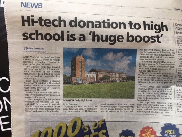 The #digitaldivide means young people in GM schools need all the help they can get to #closethegap in their learning. NWCCC & @TheDerbyHigh sending 🌈 thanks @Huwei @GMdigital #GMTechFund for your donation of 50 laptops for our wonderful young people