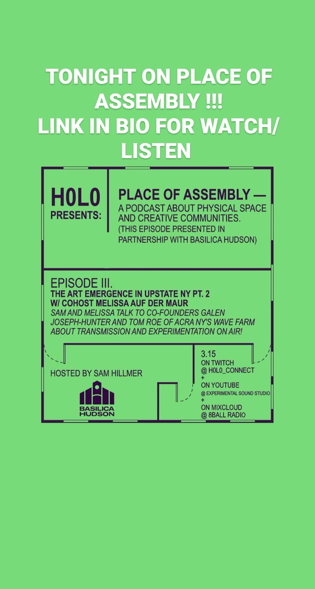 🔜Tonight on Place of Assembly
We return w/ special guest cohost Melissa Auf Der Maur ( @xmadmx ) ➕➕➕ @wave_farm on to discuss Transmission arts in Acra NY...
📈📈📈
Part 2 of the Arts Emergence in Upstate NY
Presented in partnership w @basilicahudson @esschicago <a href="/8ballradio/">8ballradio</a>
