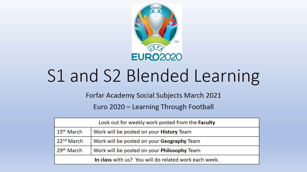 ForfarSocSub's tweet photo. Great to welcome pupils back today!  S1 and S2 pupils will be set weekly work by the Faculty for the rest of the term.  If we see you in class your learning will be linked to this.  Look out for work in your History Team this week. https://t.co/4naJ3jjpTj