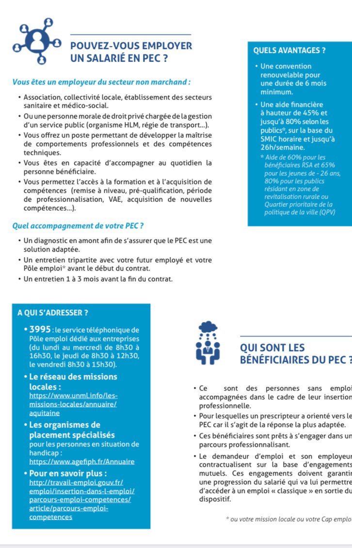 Collectivités locales, associations, administrations, vous recherchez des compétences et voulez accompagner un parcours de retour à l’emploi! Le Parcours emploi compétence permet de 45 à 80% d’aides! @poleemploi_NA #1jeune1solution Besoin d’info : appelez le 3995.
