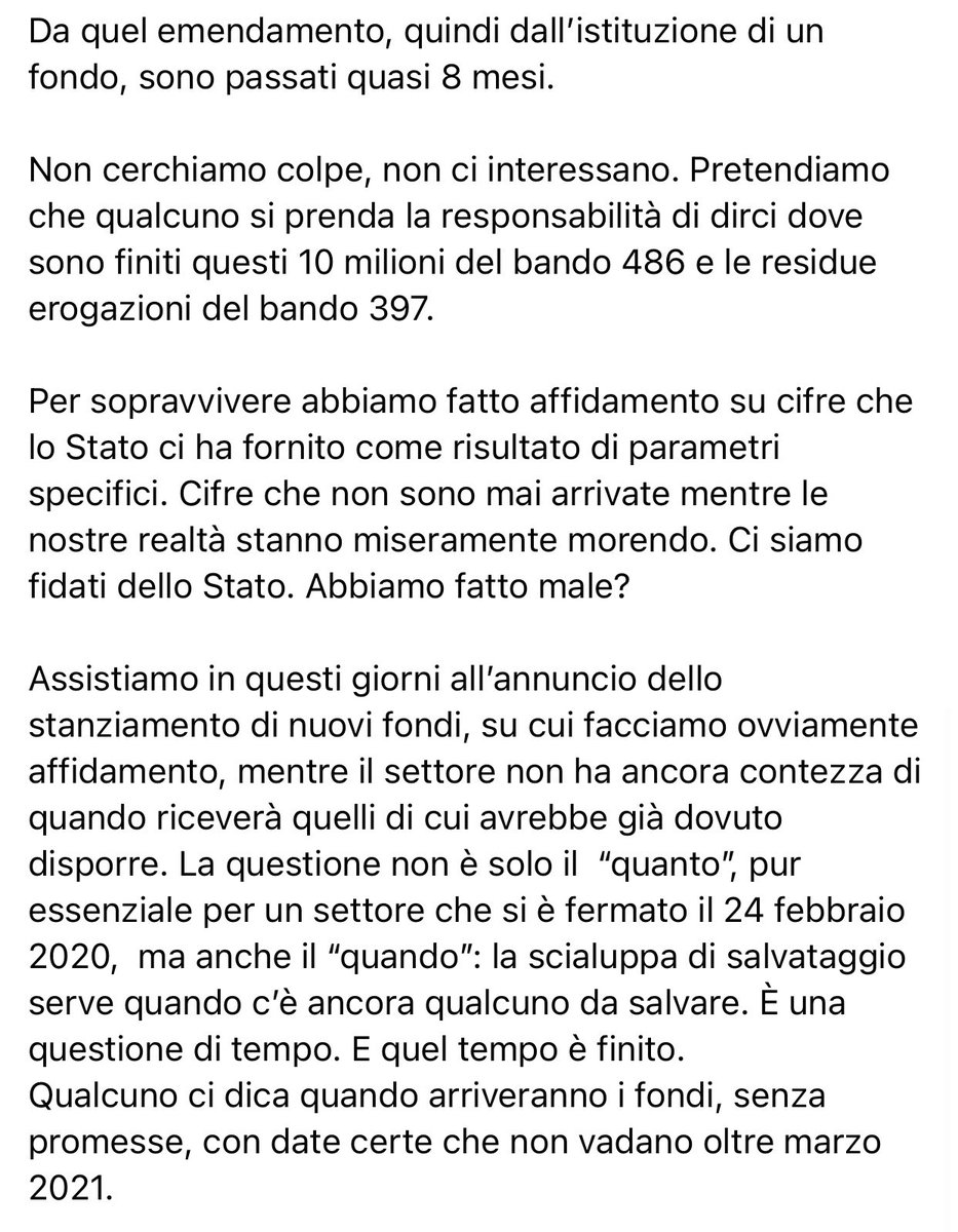 La musica che gira (@lamusicachegira) on Twitter photo La lettera aperta con la quale le aziende chiedono dove sono finiti i 10mil del bando 486 e le residue erogazioni del bando 397. Sono passati otto mesi dall'approvazione dell'emendamento che li assegnava.
bit.ly/2OYkxIg
<a href="/MiC_Italia/">Ministero della Cultura</a> <a href="/dariofrance/">Dario Franceschini</a> <a href="/MEF_GOV/">MEF</a> La lettera aperta con la quale le aziende chiedono dove sono finiti i 10mil del bando 486 e le residue erogazioni del bando 397. Sono passati otto mesi dall'approvazione dell'emendamento che li assegnava.
bit.ly/2OYkxIg
<a href="/MiC_Italia/">Ministero della Cultura</a> <a href="/dariofrance/">Dario Franceschini</a> <a href="/MEF_GOV/">MEF</a>