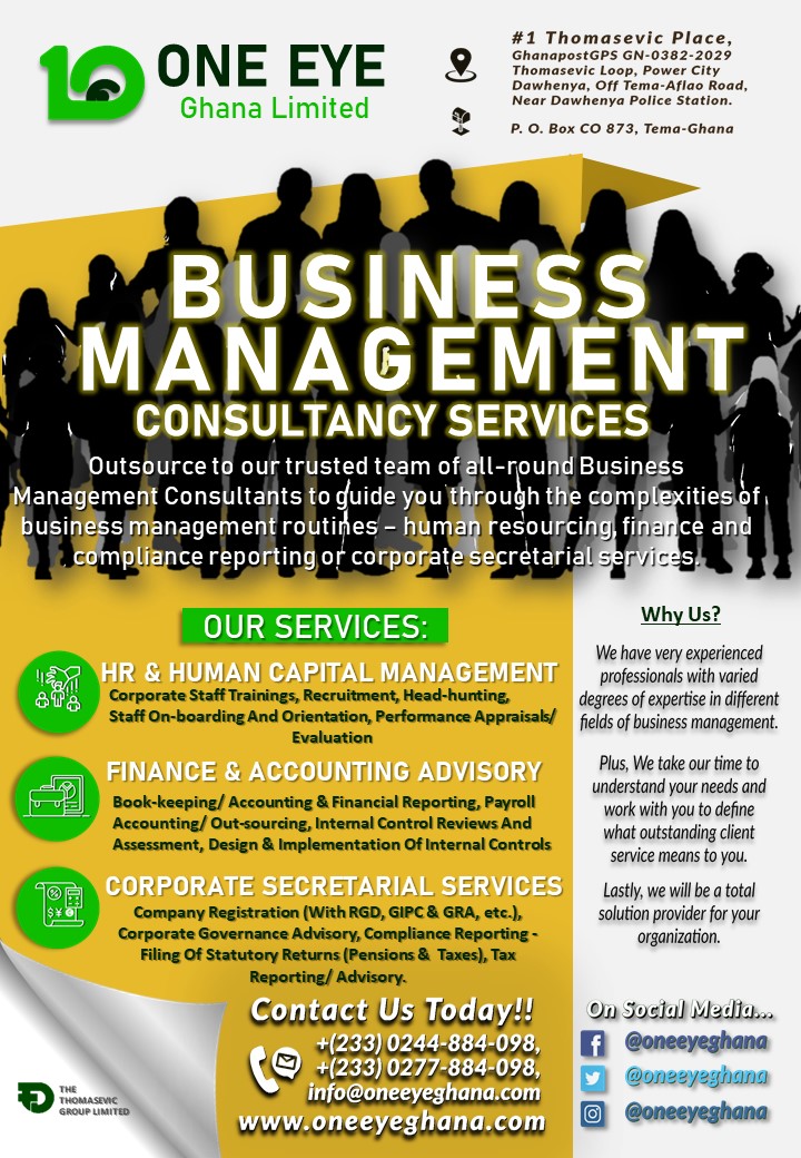 OneEyeGhana's tweet photo. Outsource to our trusted team of all round Business Management Consultants... 

One Eye... "Total Solutions For All !!!"

#business 
#outsourcing 
#HumanResourcing
#financial
#Accounting 
#TTG https://t.co/BjOtPORuvU