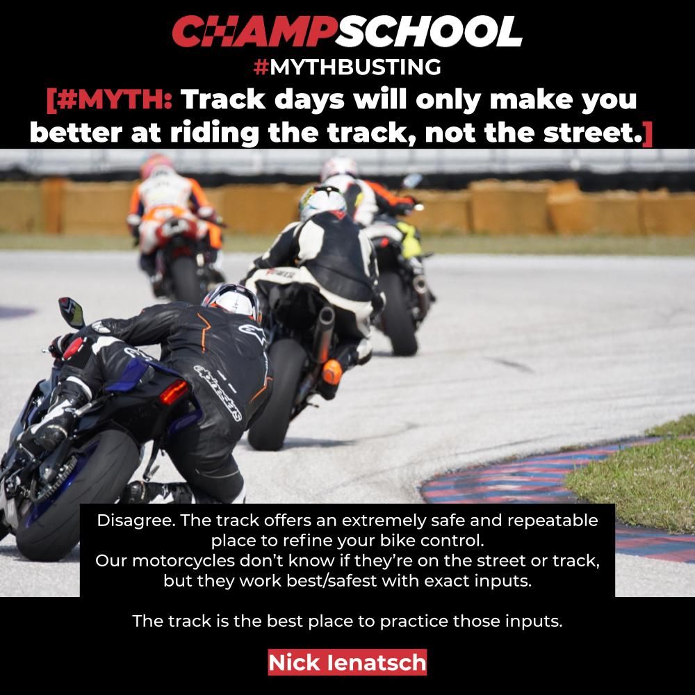 Track days are not races. Track days are opportunities to refine your skills on any motorcycle in a closed environment with no oncoming traffic, guardrails, cliffs, or party lights.

#investinyou #champschool #trackdays #learningispriceless