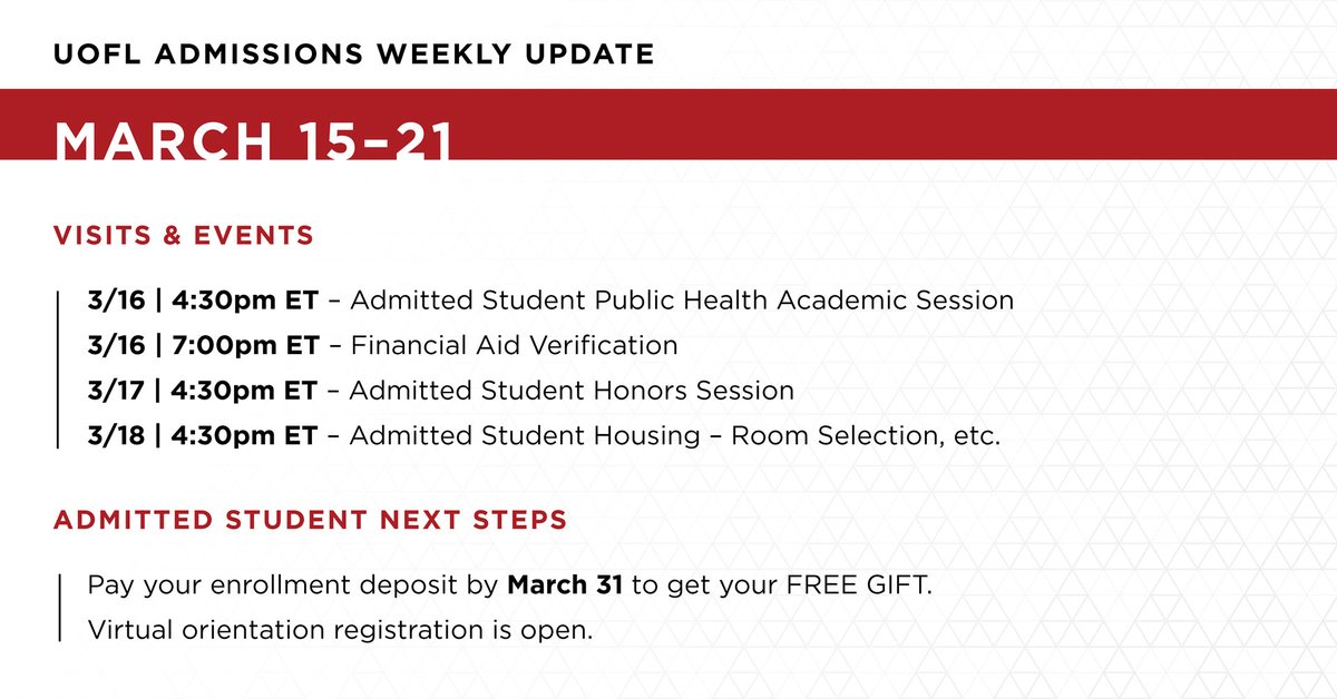 Fall '21 Future Cardinals, here's what's coming up for you this week! 
Visits &amp; Events: louisville.edu/visit
Admitted Student Next Steps: uofl.me/gateway