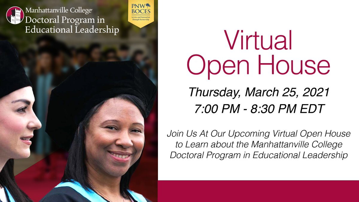 Dreaming of pursuing your doctoral degree? 🎓  Zoom into the Manhattanville Doctoral Program in Educational Leadership Open House, March 25, at 7 p.m. RSVP sforce.co/3b5ZaOb 

#TakeitUpaDegree <a href="/pnwboces/">PNW BOCES</a> <a href="/ouboces/">Orange-Ulster BOCES</a> #highered #edleadership #doctoral <a href="/reneegargano/">Renee Gargano</a> <a href="/susaniverson1/">susan iverson</a>