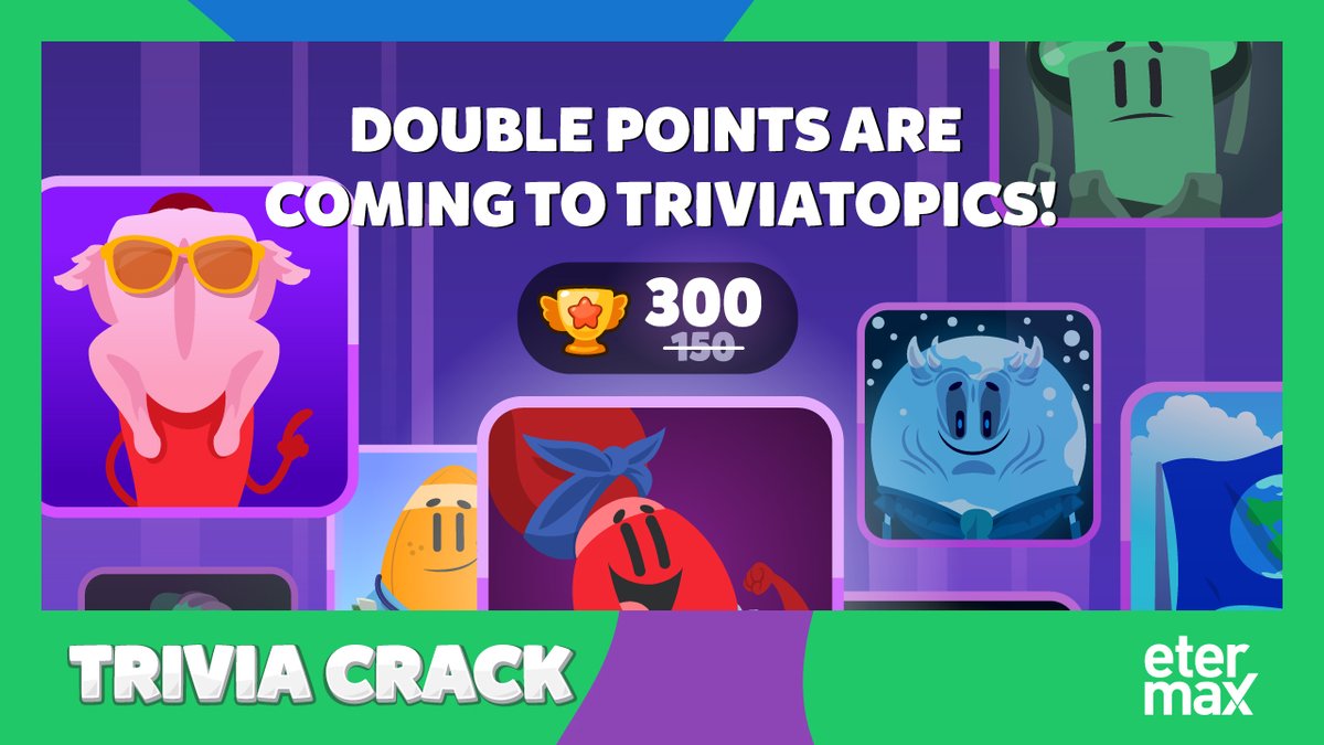 TriviaCrack's tweet photo. For a limited time only we're doubling the points awarded for completing a category in Triviatopics 😱 Time to make it count! ▶️ https://t.co/nrcdUVUFA5 https://t.co/ZgzHjzssHt