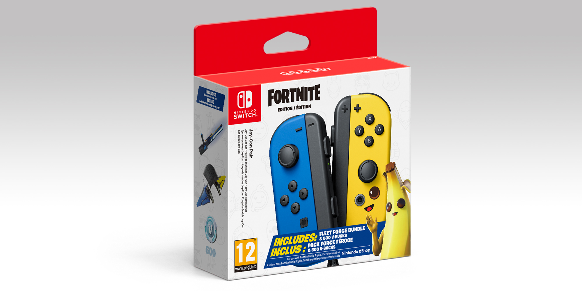 Nintendo Uk Gear Up In Style With The Nintendo Switch Joy Con Pair Fortnite Edition Available 04 06 It Includes A Uniquely Designed Yellow Joy Con And Blue Joy Con 500 V Bucks Amp A