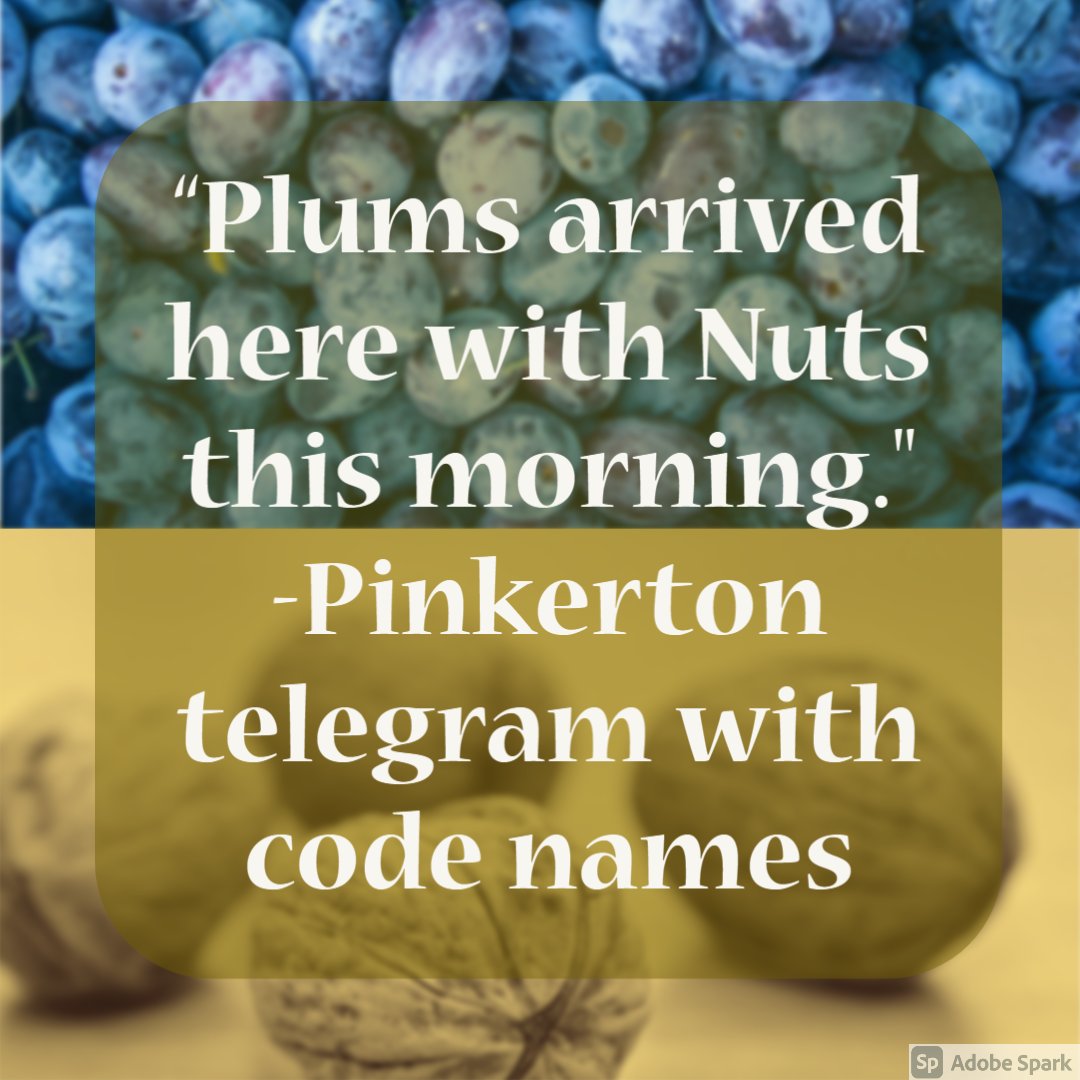 Upon his successful journey to bring Abraham Lincoln safely to Washington, Allan Pinkerton sent a telegram to his agents to confirm their arrival. "Plums" was Pinkerton's code name. "Nuts" was Lincoln's.