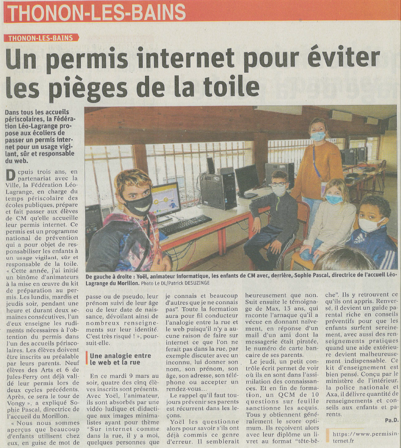 OuaretZ's tweet photo. Le Permis Internet est proposé aux enfants du cycle 3 pour les sensibiliser aux risques éventuels liés à l'utilisation d'Internet. Ce projet se déroule sur tous les accueils périscolaires +6 ans @LeoLagrange à #thonon. A la fin, un questionnaire leur permet d'obtenir leur diplôme https://t.co/8tV7uTFFMJ