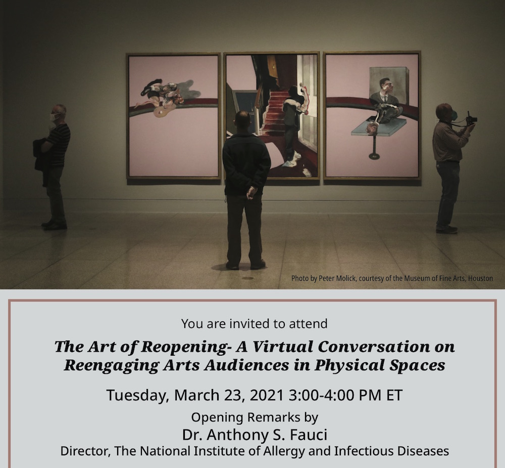 Nat'l Endow f/t Arts (@neaarts) on Twitter photo You're invited!
Please join us Tuesday, 3/23/21 at 3pm ET for a free, virtual conversation on reengaging arts audiences in physical spaces moderated by <a href="/NEAarts/">Nat'l Endow f/t Arts</a> Research Director Sunil Iyengar w/ opening remarks by Dr. Anthoy Fauci.
Details/registration: bit.ly/3luIaVr You're invited!
Please join us Tuesday, 3/23/21 at 3pm ET for a free, virtual conversation on reengaging arts audiences in physical spaces moderated by <a href="/NEAarts/">Nat'l Endow f/t Arts</a> Research Director Sunil Iyengar w/ opening remarks by Dr. Anthoy Fauci.
Details/registration: bit.ly/3luIaVr