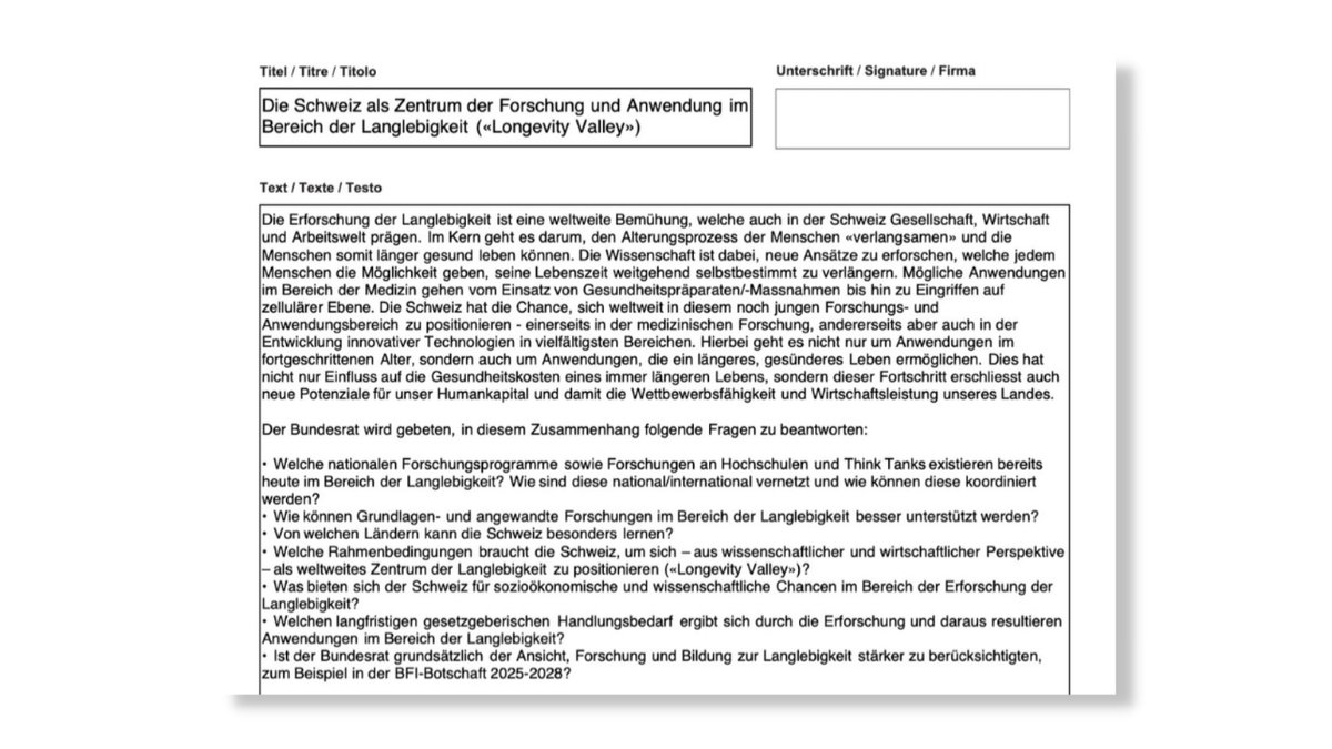 Die Schweiz soll zum #LongevityValley werden! In einem Vorstoss möchte ich vom Bundesrat wissen, wie sich die Schweiz in der Forschung und Anwendung im Bereich der Langlebigkeit optimal positionieren kann. Mehr dazu im <a href="/swissinfo_en/">swissinfo.ch</a>-Artikel: swissinfo.ch/eng/can-financ…