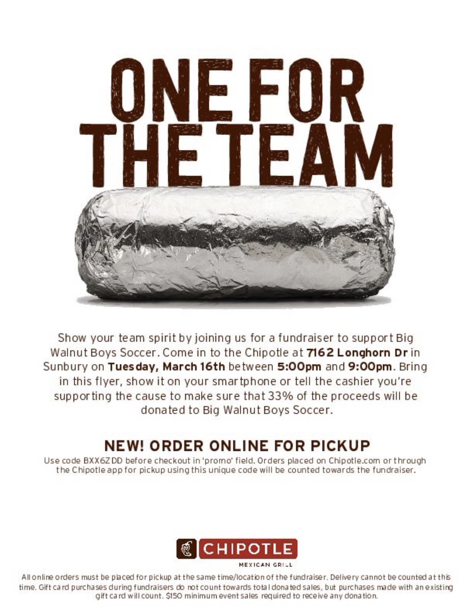 Taco Tuesday, anyone?

Share this flyer at the Sunbury <a href="/ChipotleTweets/">Chipotle</a> tomorrow night from 5-9pm - 33% of ALL proceeds are donated back to our program. Also, order online for pickup too! 

Promo Code BXX6ZDD

Thank you for your support #GoEagles
