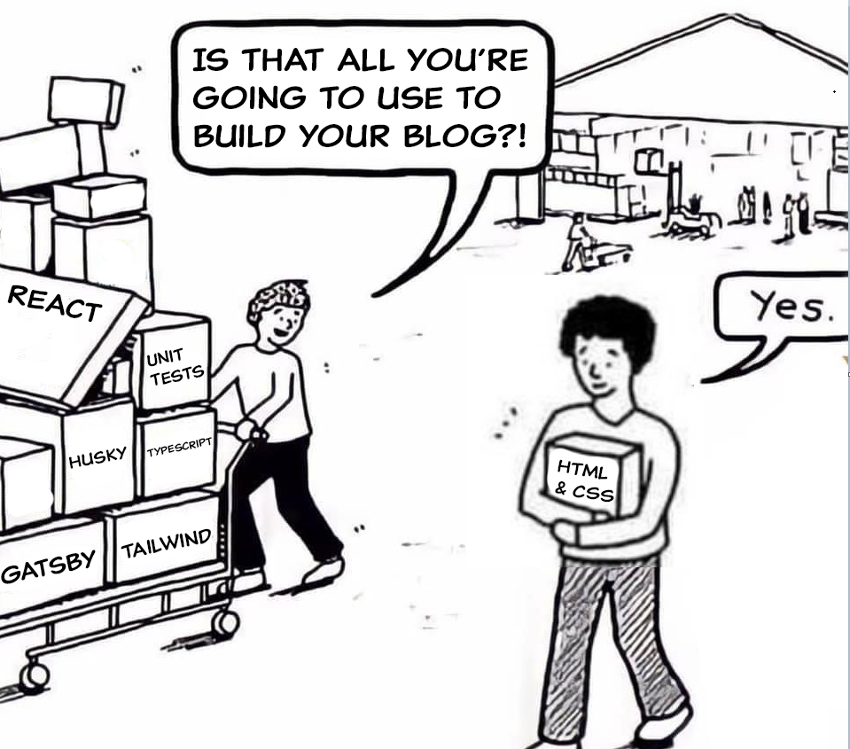 Comic of two people walking away from a warehouse store, one with a large cart of many boxes labeled with JavaScript toolchain tools, and another carrying a small box in his arms labeled HTML & CSS, with the former asking the latter a question about his choice.