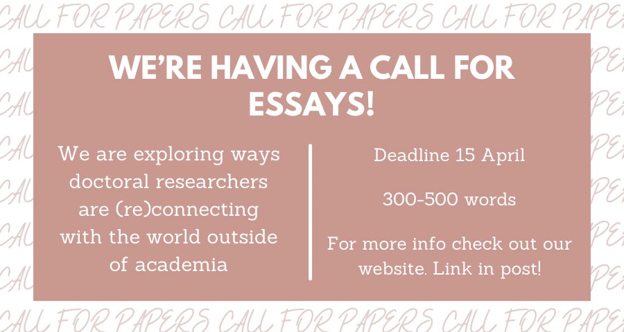 EXSJournal's tweet photo. We’re so excited to announce our upcoming #CallForEssays!

We want to know how you #Reconnect with the world outside of academia. Click the link below to find out more about having your #voice heard!

https://t.co/TntDIpo0CW

#CallForPapers #Excursions https://t.co/iyeBkhF3bV